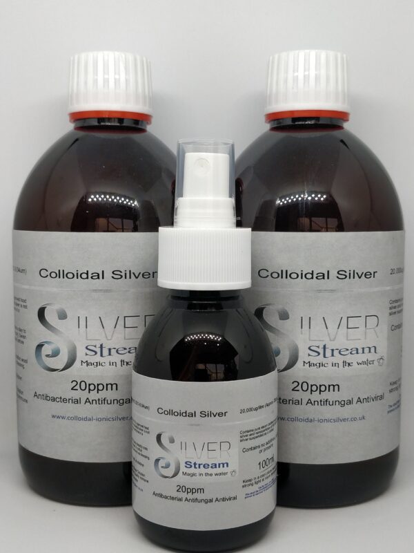 Colloidal Silver 20 ppm, ( 2 x 500ml Bottles) Plus (1 x 100ml Spray Bottle)